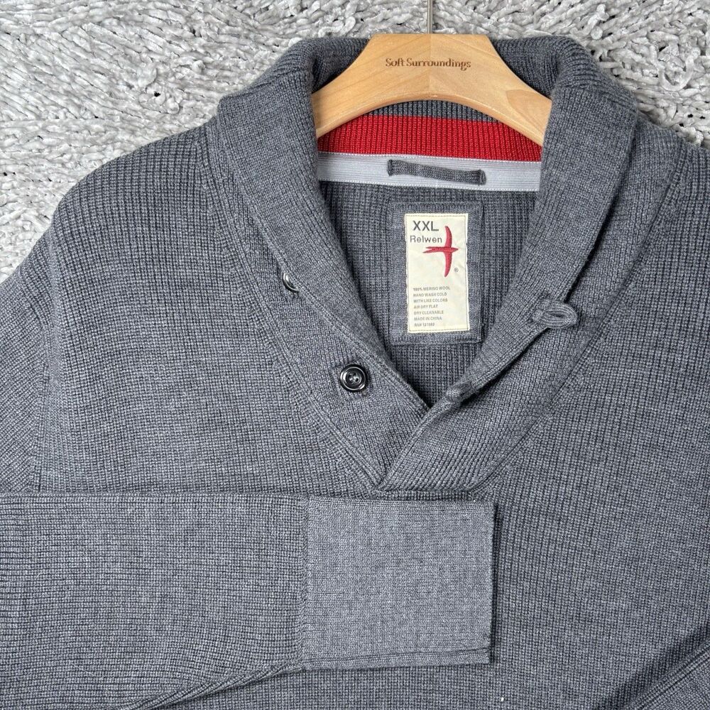 Relwen 100% Merino Wool Shawl Neck Sweater Mens XXL Gray Huckberry Long Sleeve